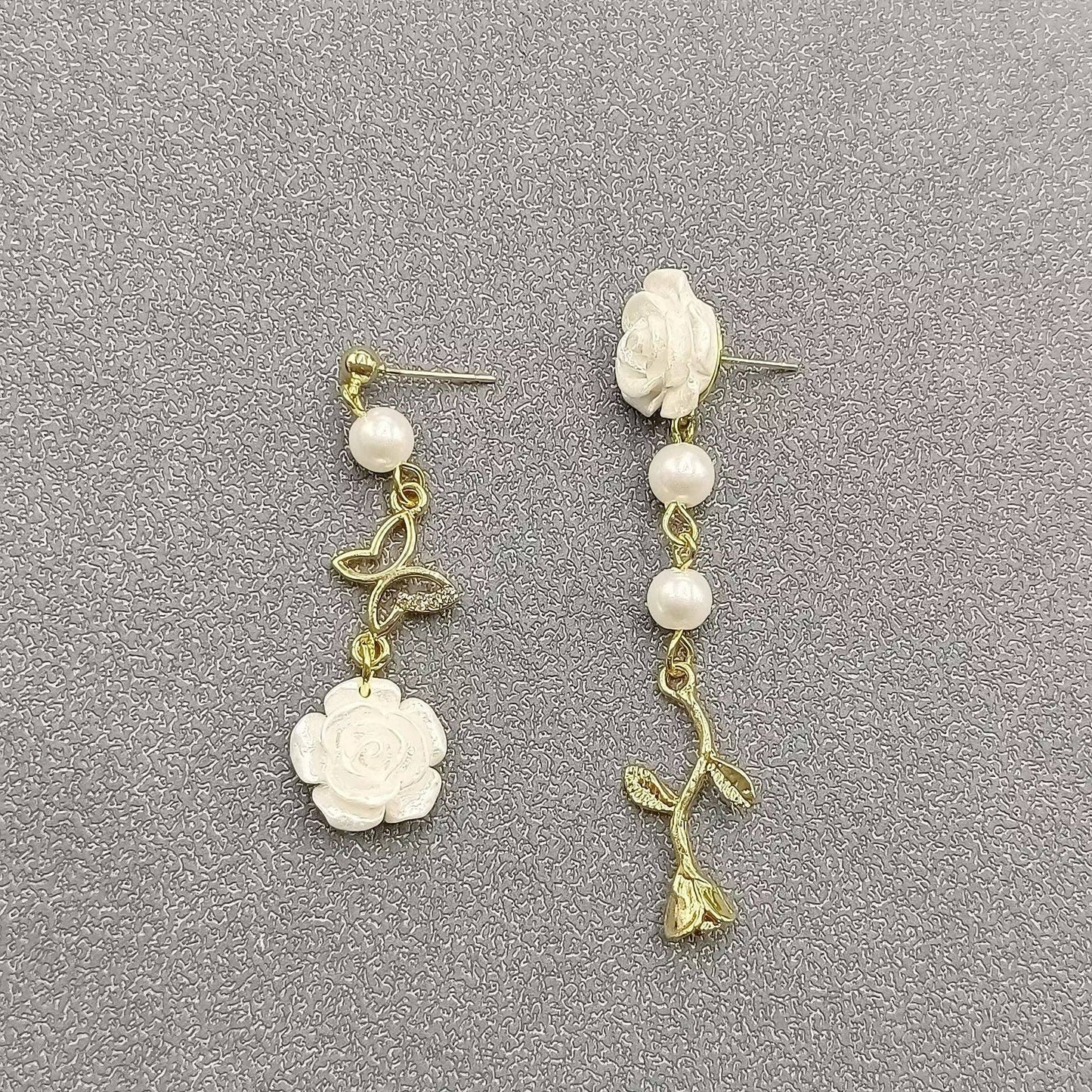 Asymmetric White Rose Flower Post Earrings - Cottage Cuties Boutique LLC