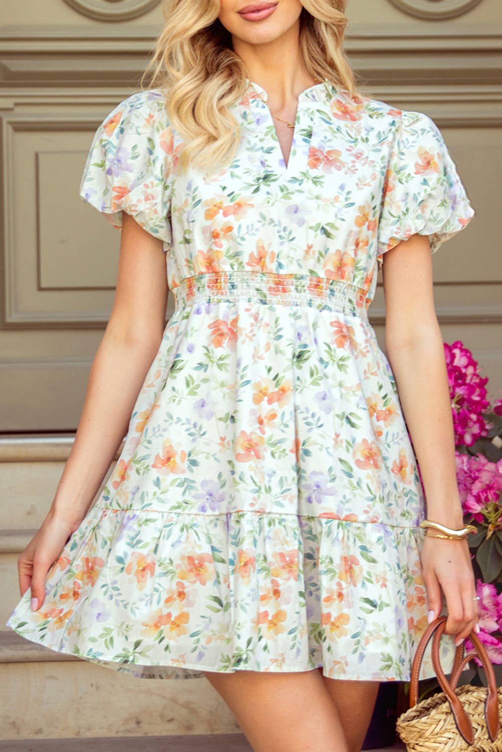 Floral Print Shirred High Waist Puff Sleeve Mini Dress - Cottage Cuties Boutique LLC