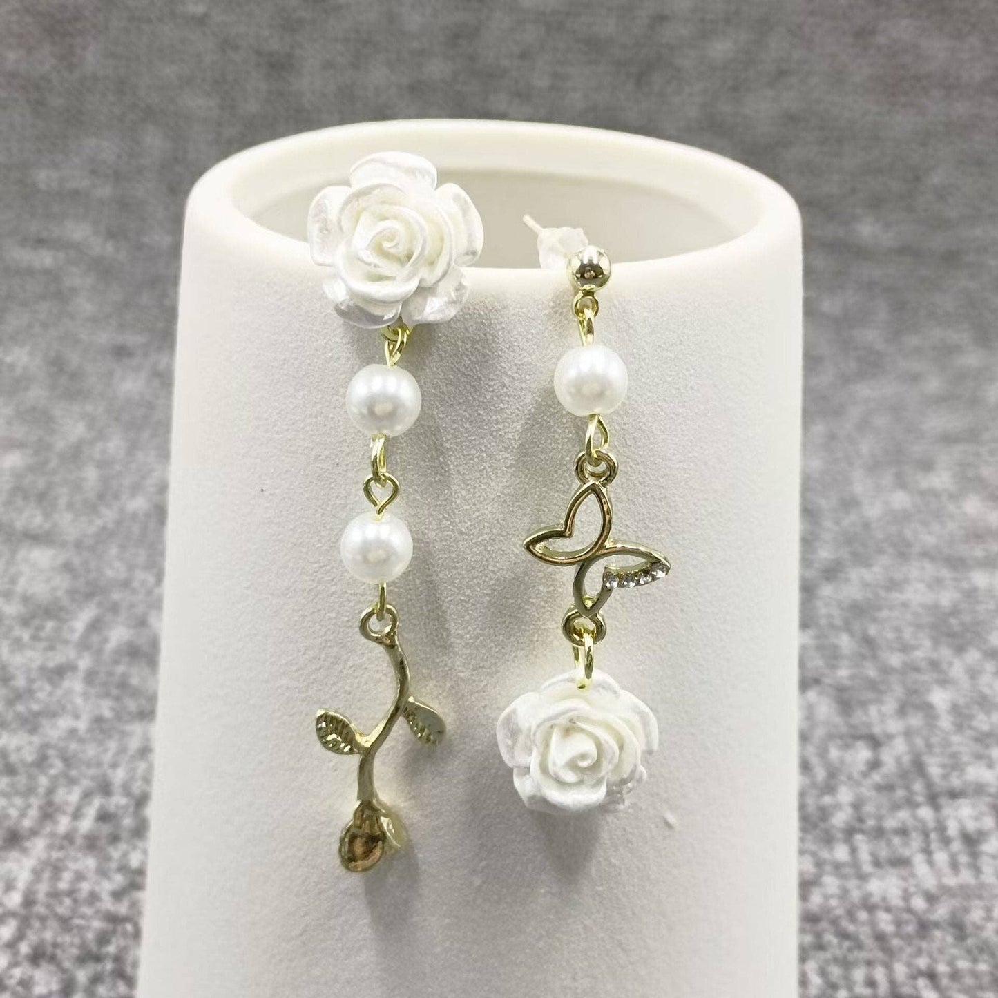 Asymmetric White Rose Flower Post Earrings - Cottage Cuties Boutique LLC