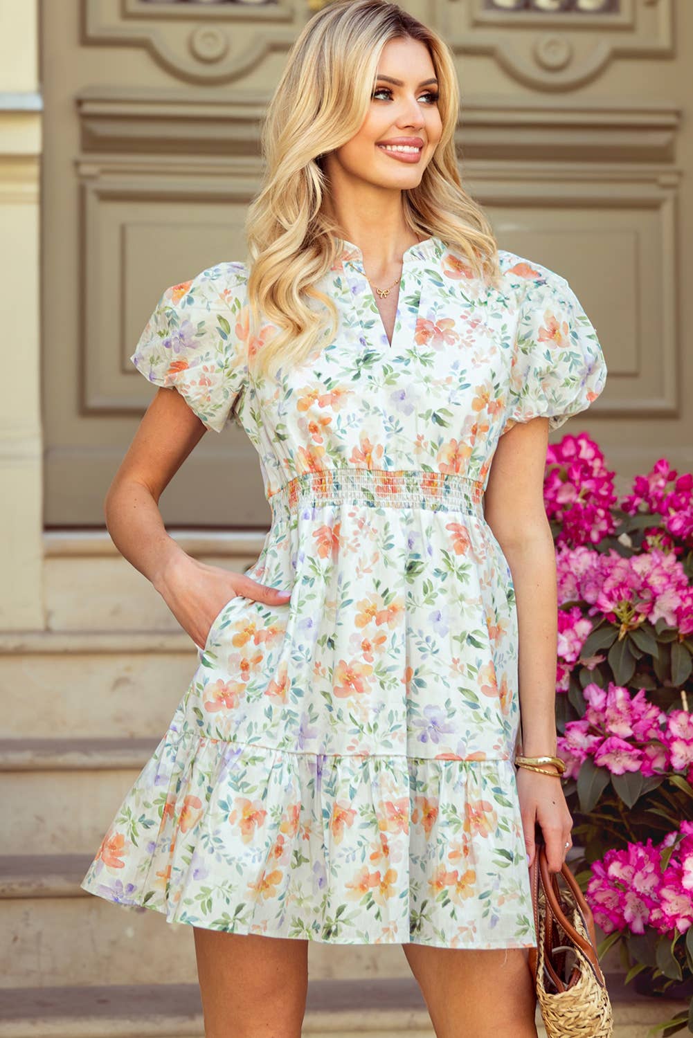 Floral Print Shirred High Waist Puff Sleeve Mini Dress - Cottage Cuties Boutique LLC