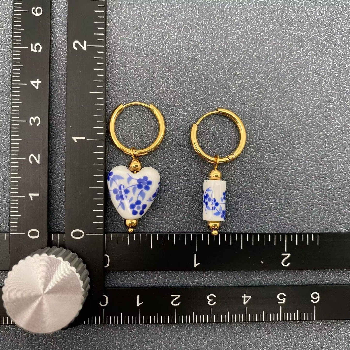 Blue and White Porcelain heart 18K Golden SS Huggie Earrings - Cottage Cuties Boutique LLC
