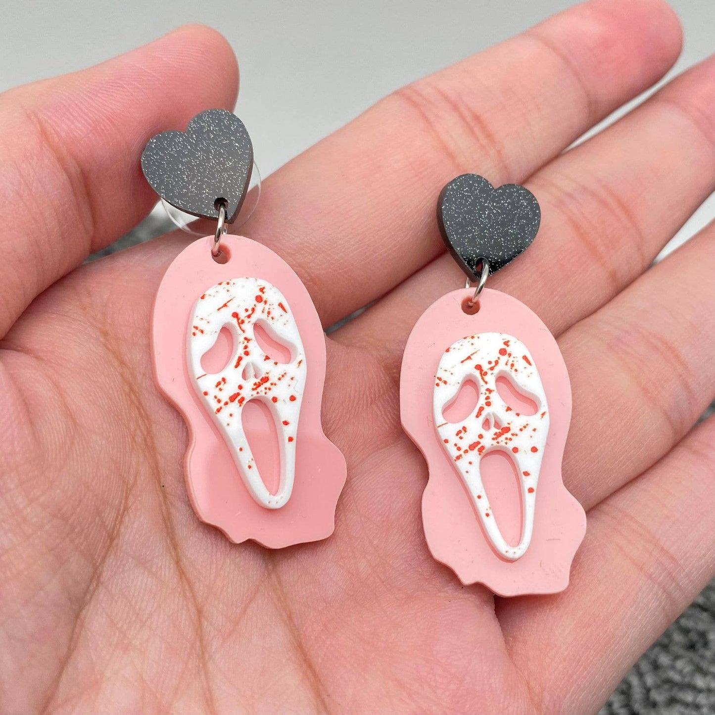 Halloween Acrylic Pink Scream Black Heart Post Earrings - Cottage Cuties Boutique LLC