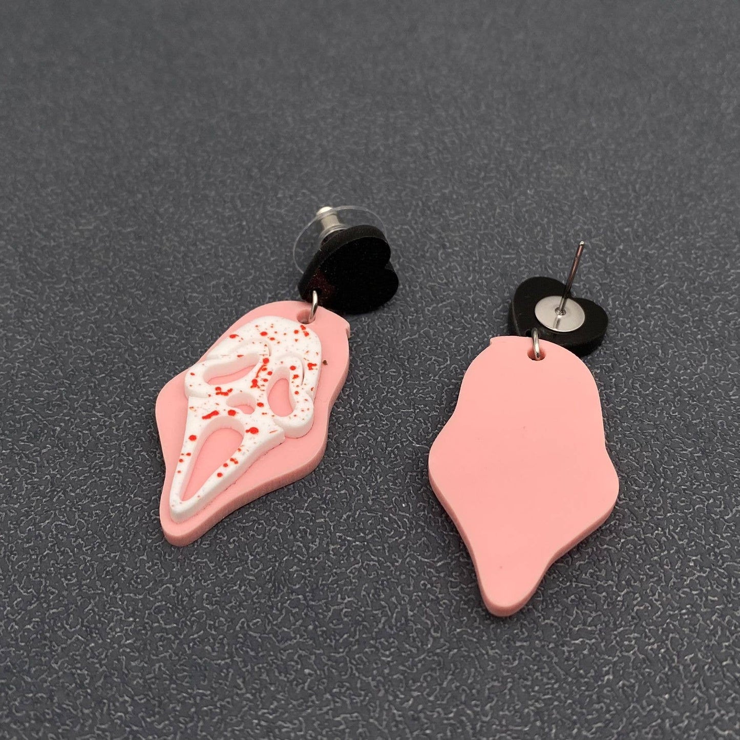 Halloween Acrylic Pink Scream Black Heart Post Earrings - Cottage Cuties Boutique LLC