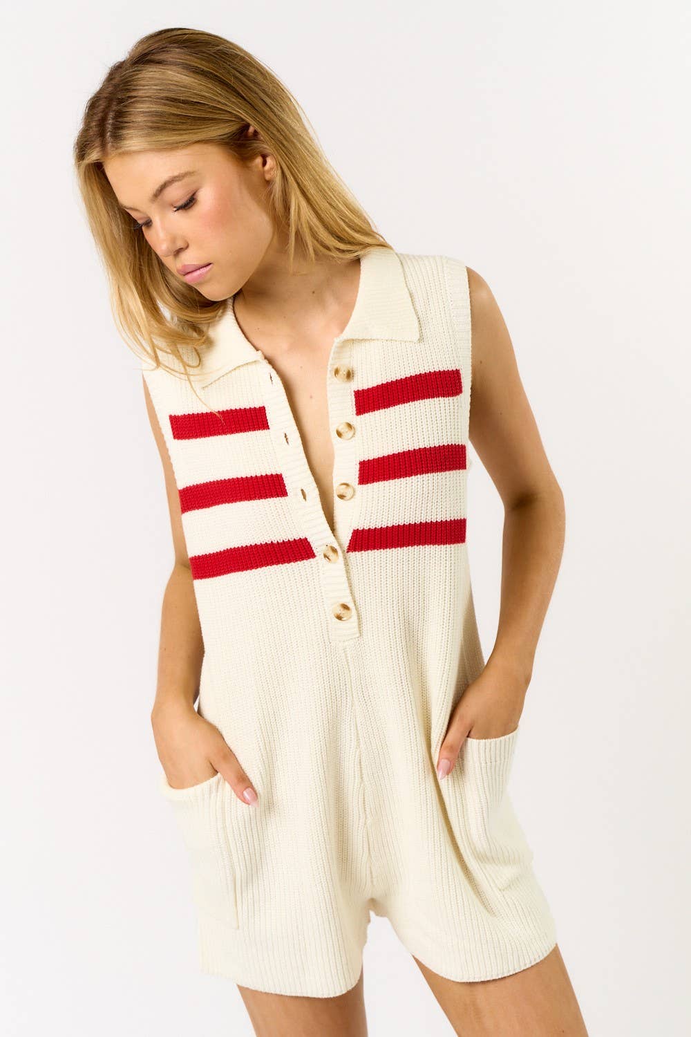 STRIPED SLEEVELESS POLO SWEATER ROMPER - Cottage Cuties Boutique LLC