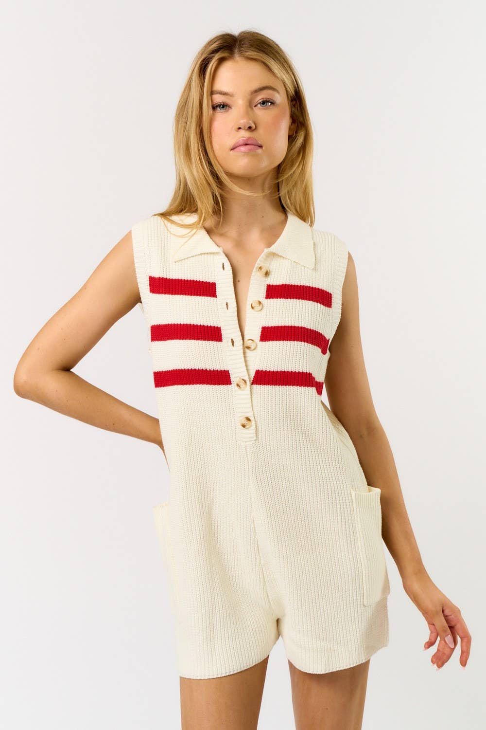STRIPED SLEEVELESS POLO SWEATER ROMPER - Cottage Cuties Boutique LLC