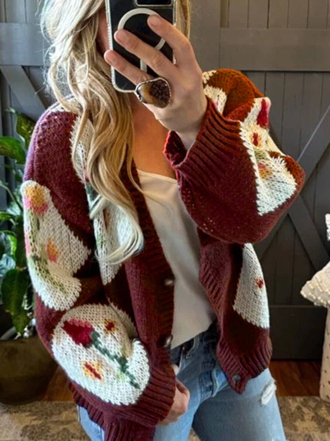 Color Block Floral Button Cardigan Lightweight Brown