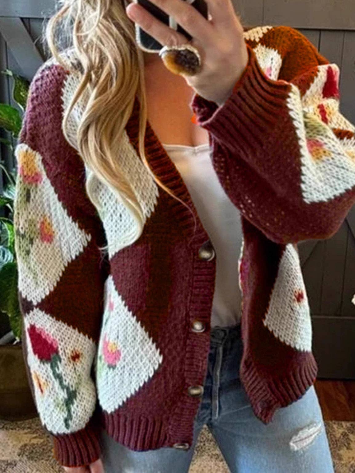 Color Block Floral Button Cardigan Lightweight Brown