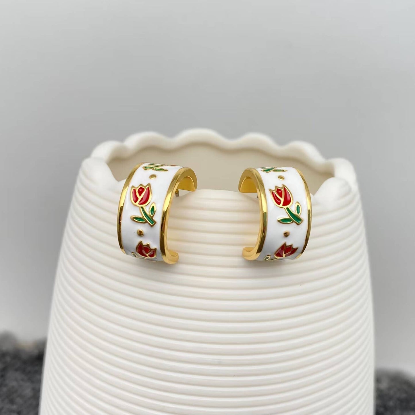 Enamel Tulip 18K Gold Plated C Shape Stud Earrings - Cottage Cuties Boutique LLC