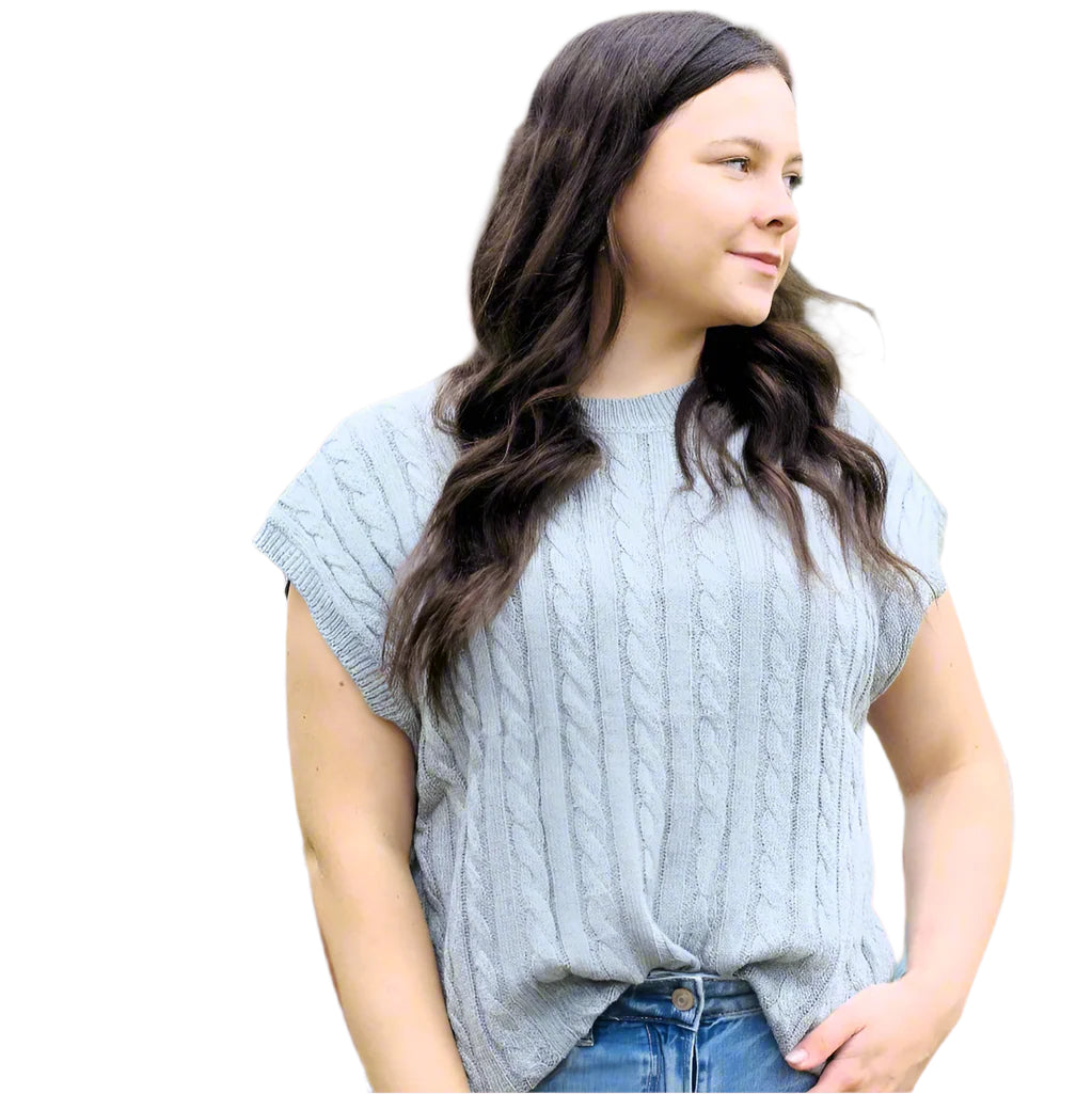 Gray Crew Neck Cable Knit Short Sleeve Sweater