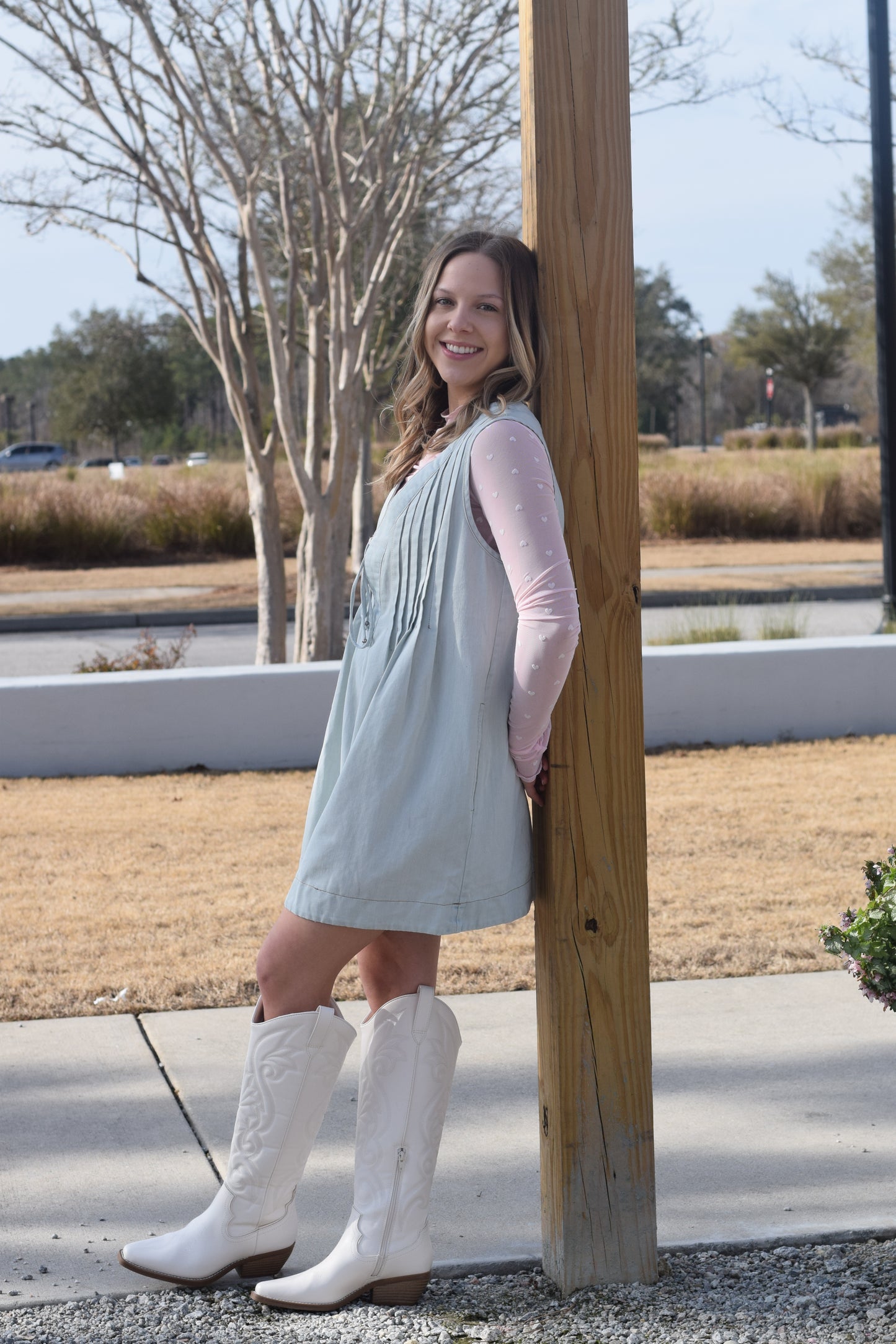 TIE WITH PLEATED DENIM ROMPER - ICEY DENIM