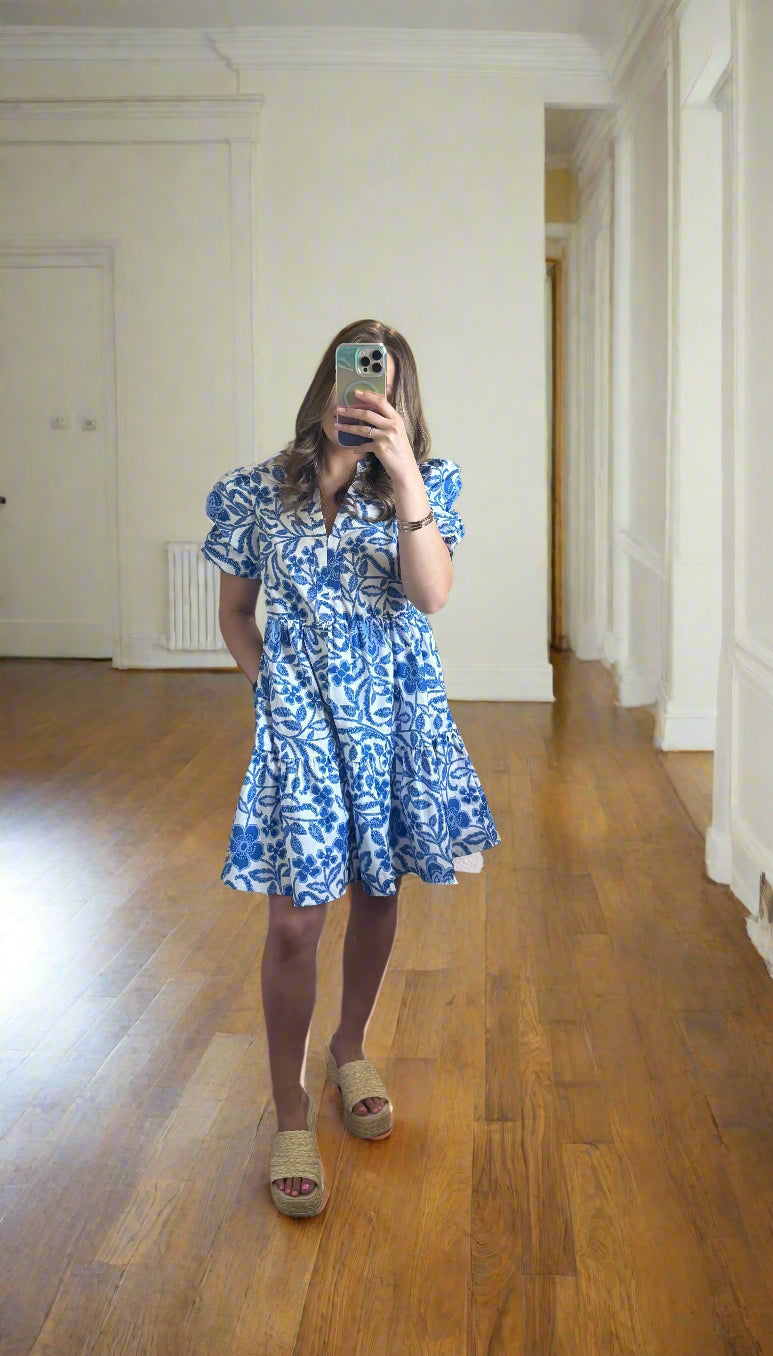 Flower Print Puff Sleeve Tiered Dress - Cottage Cuties Boutique LLC