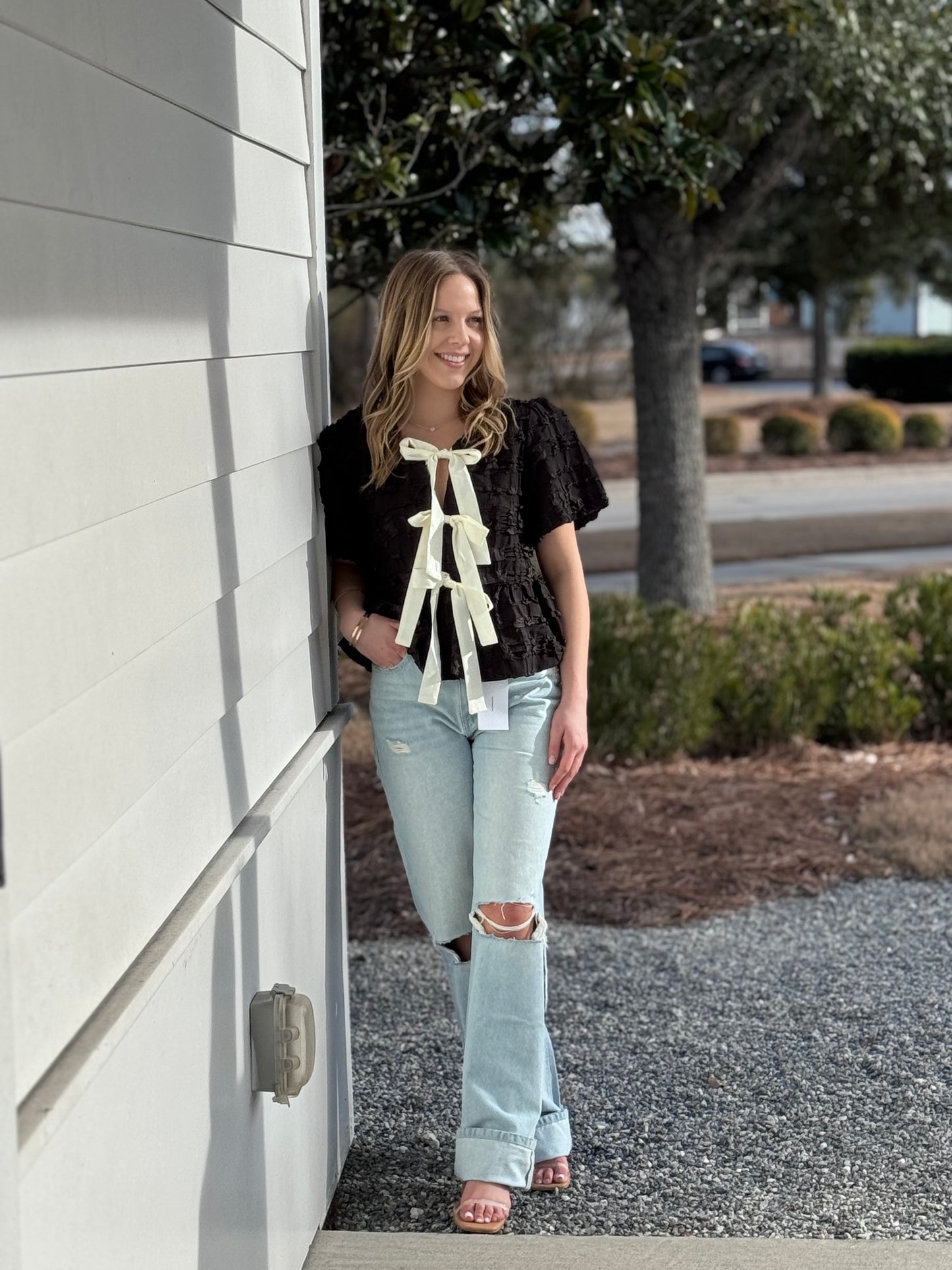 BUBBLE BABYDOLL BLOUSE WITH TEXTURED FABRIC AND CONTRAST BOW - Cottage Cuties Boutique LLC