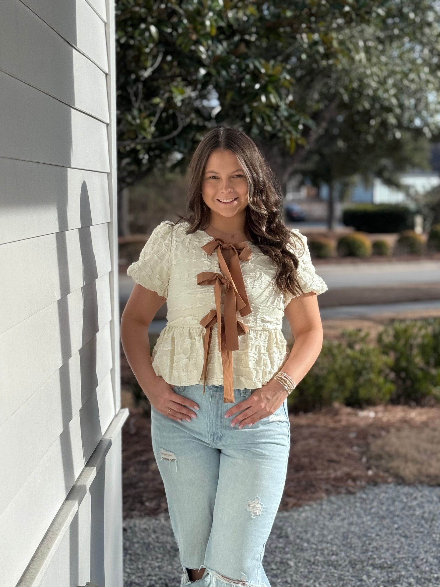 BUBBLE BABYDOLL BLOUSE WITH TEXTURED FABRIC AND CONTRAST BOW - Cottage Cuties Boutique LLC