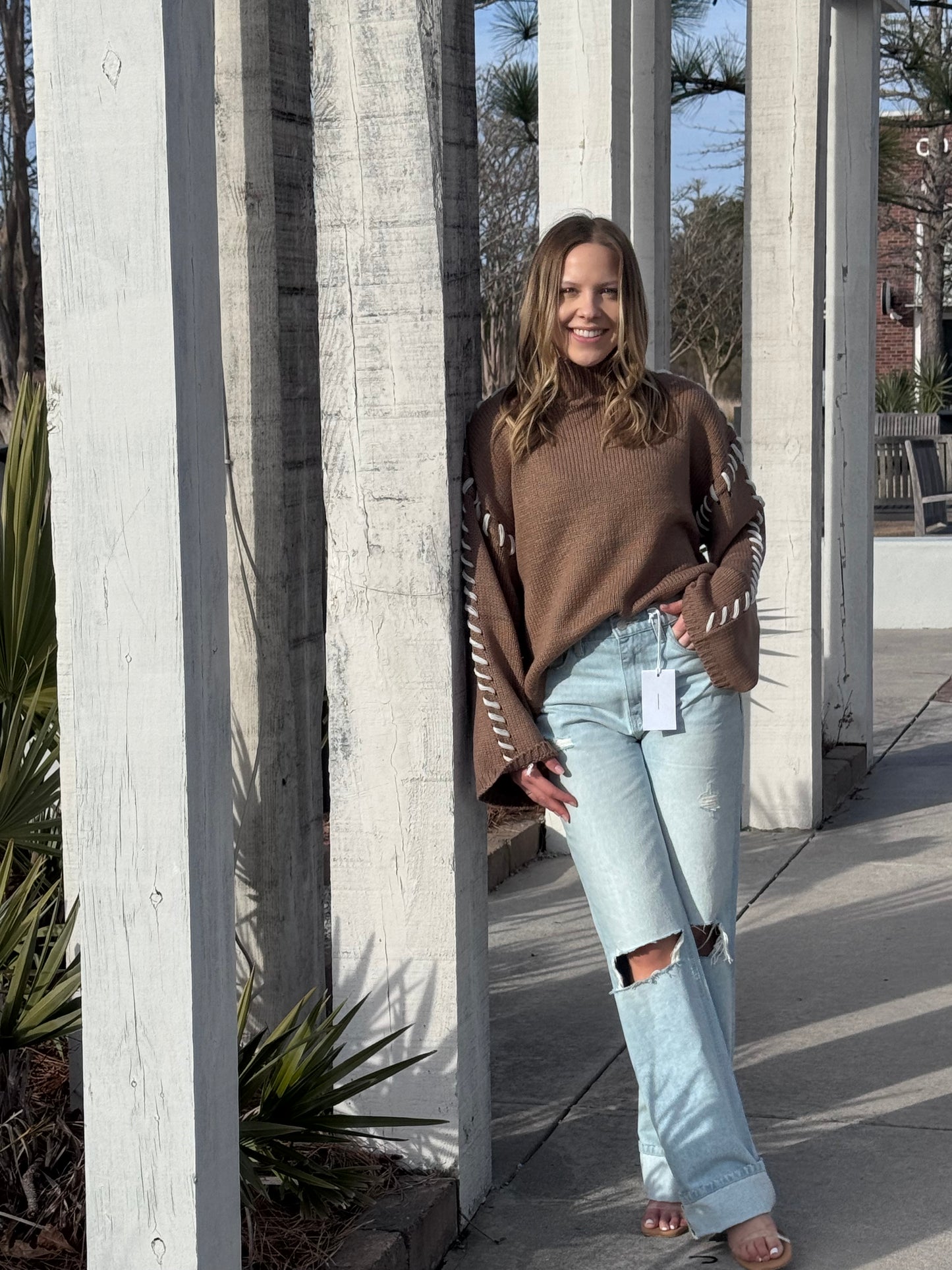 Deep Taupe Casual Comfy High Neck Contrast Line Knit Sweater