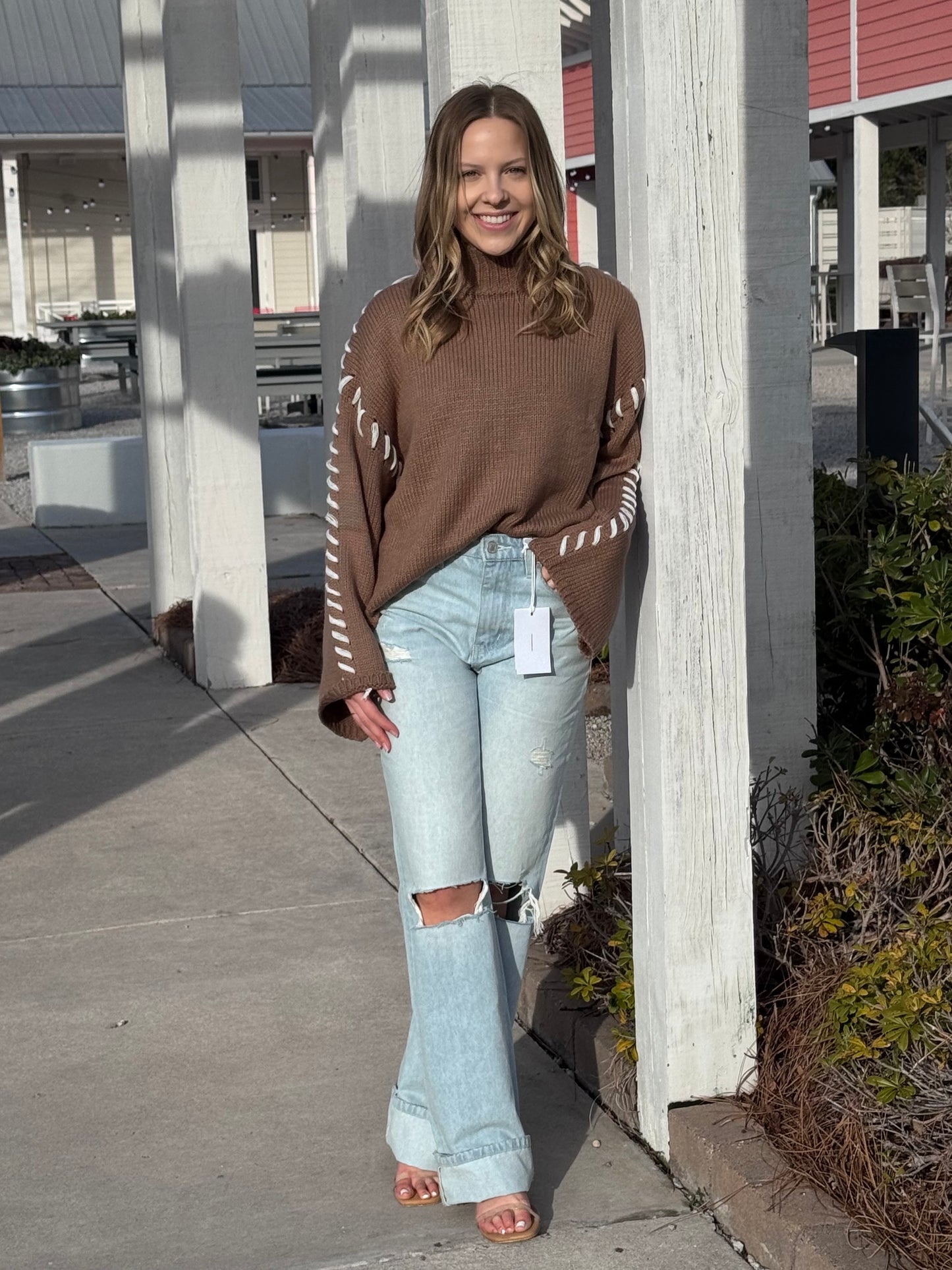 Deep Taupe Casual Comfy High Neck Contrast Line Knit Sweater