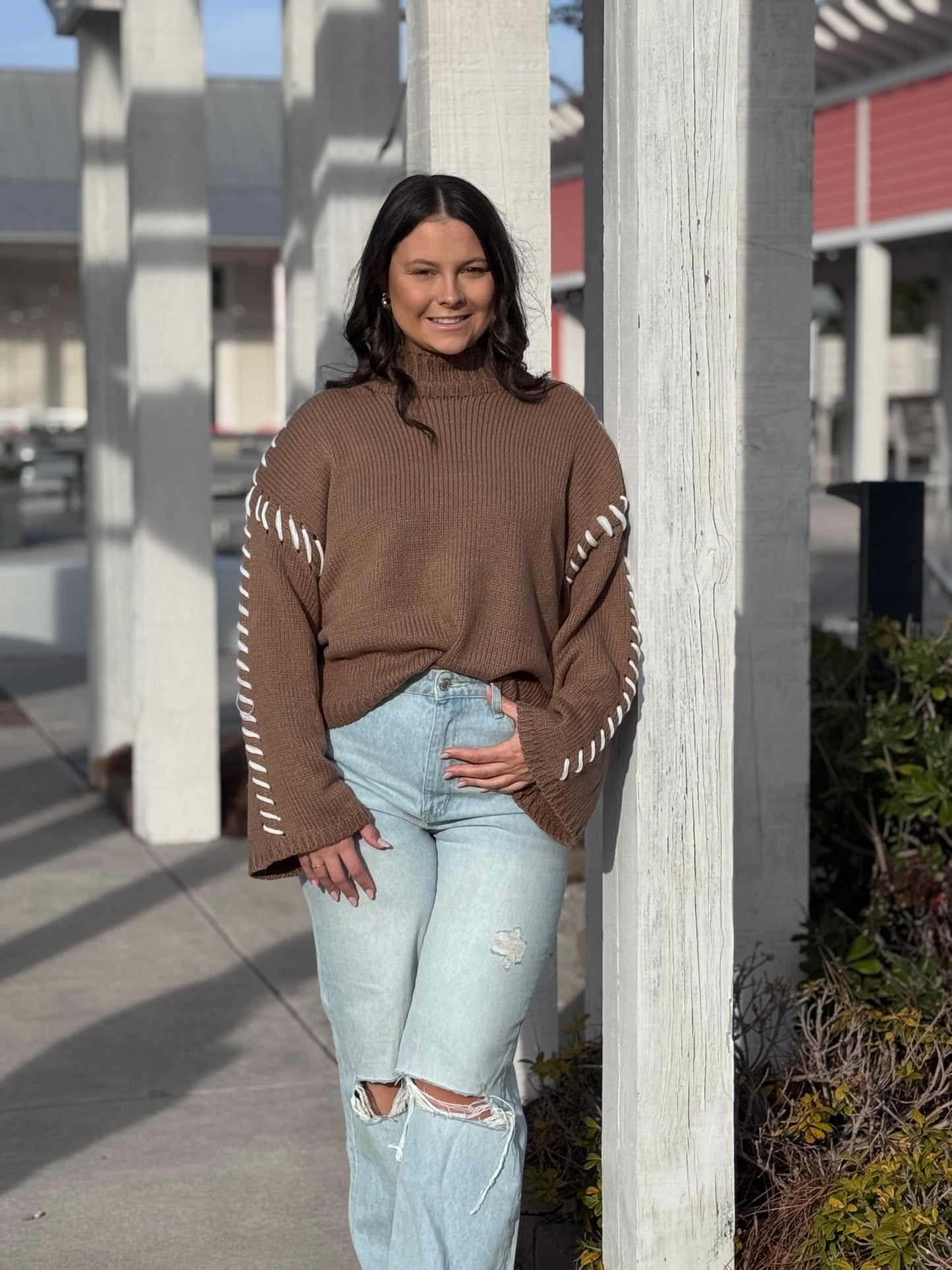 Deep Taupe Casual Comfy High Neck Contrast Line Knit Sweater