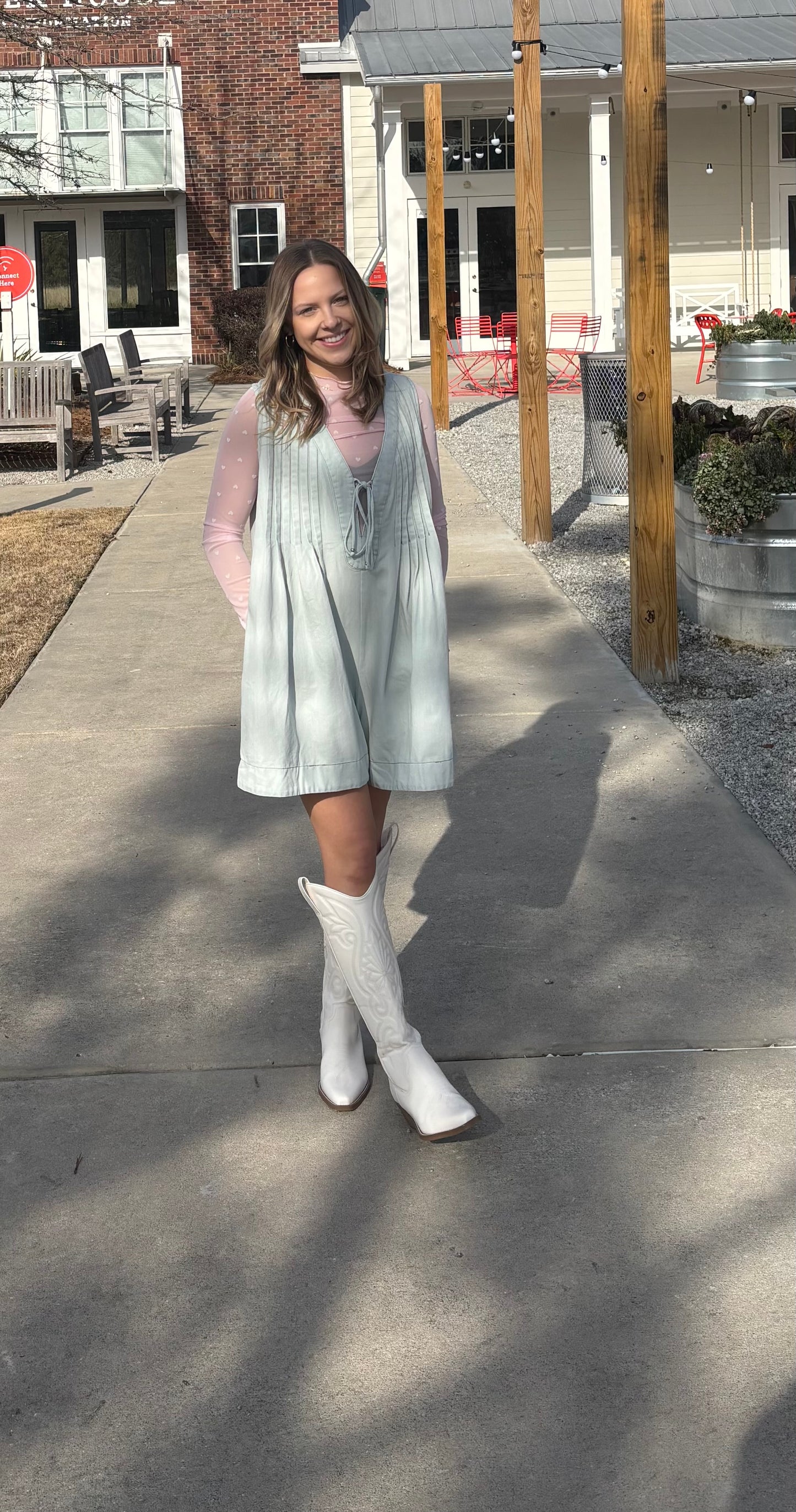 TIE WITH PLEATED DENIM ROMPER - ICEY DENIM