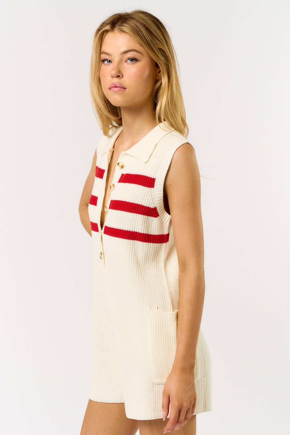 STRIPED SLEEVELESS POLO SWEATER ROMPER - Cottage Cuties Boutique LLC