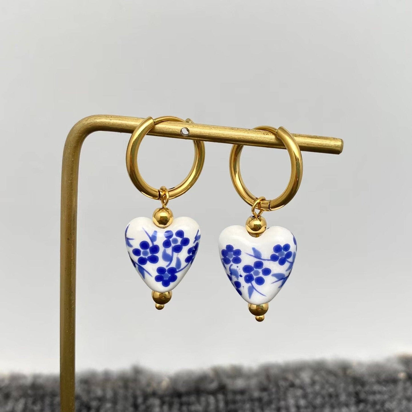 Blue and White Porcelain heart 18K Golden SS Huggie Earrings - Cottage Cuties Boutique LLC