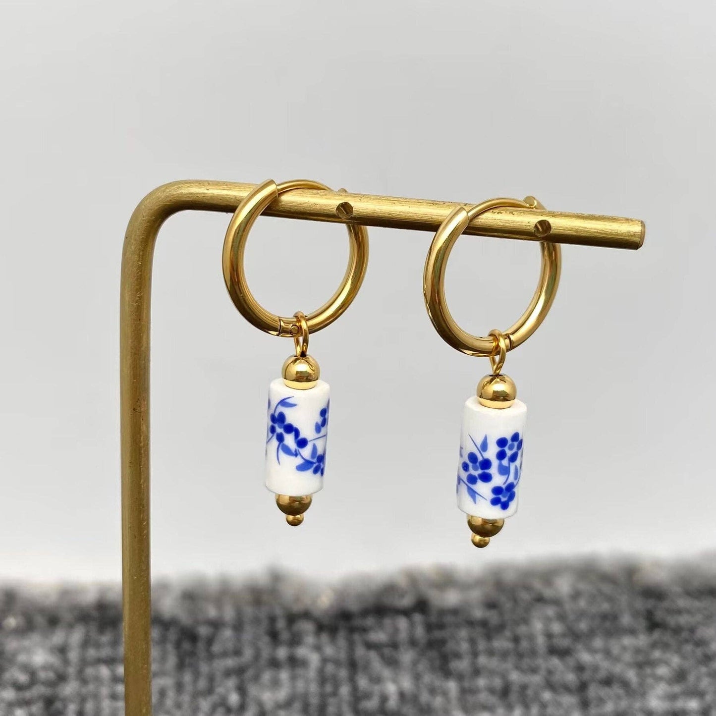 Blue and White Porcelain heart 18K Golden SS Huggie Earrings - Cottage Cuties Boutique LLC
