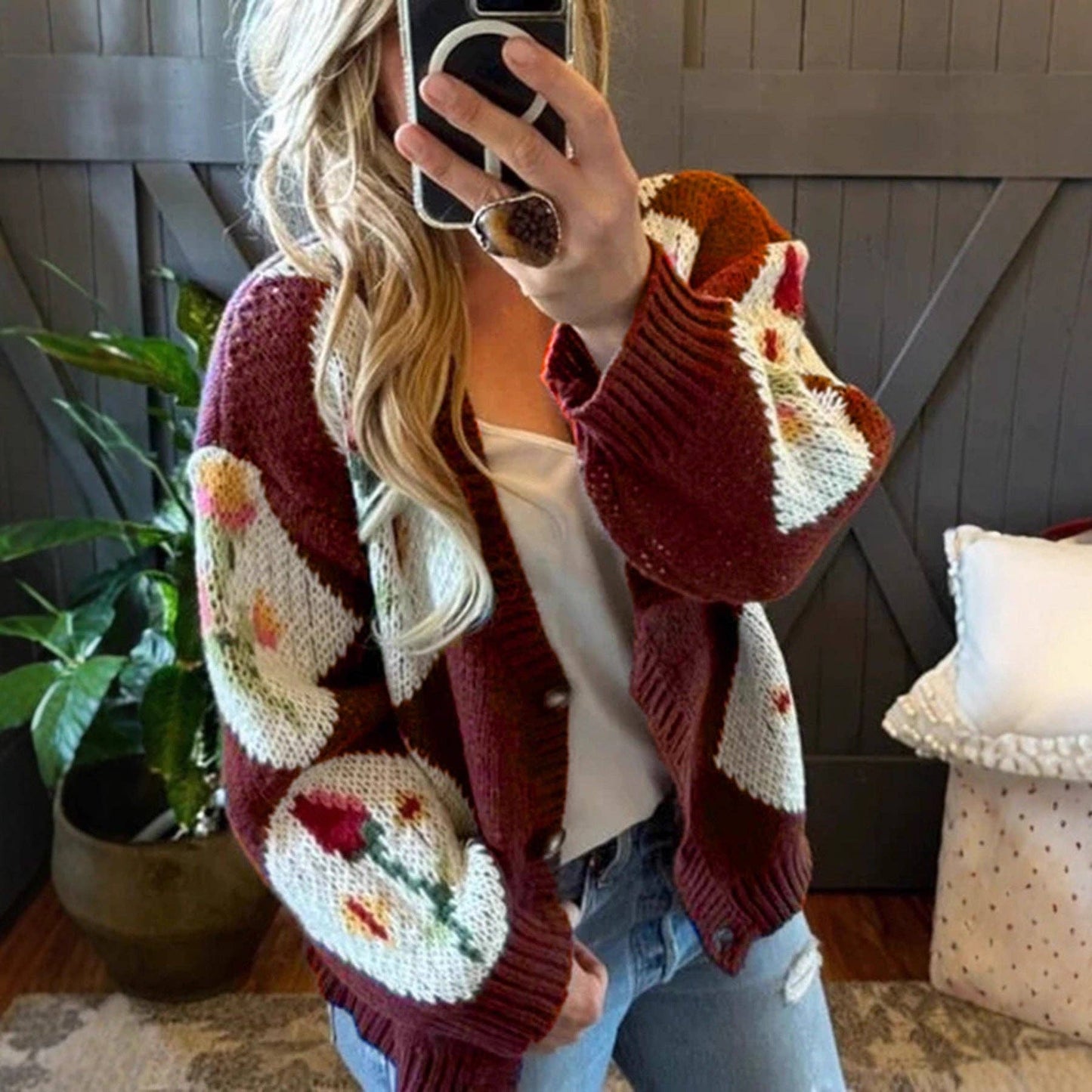 Color Block Floral Button Cardigan Lightweight Brown