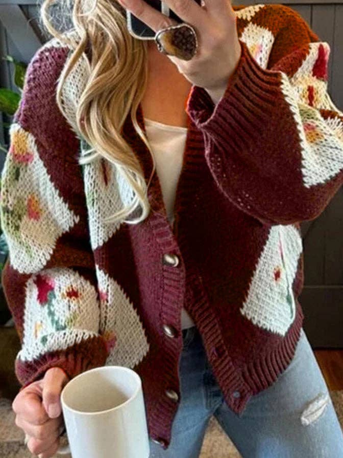 Color Block Floral Button Cardigan Lightweight Brown