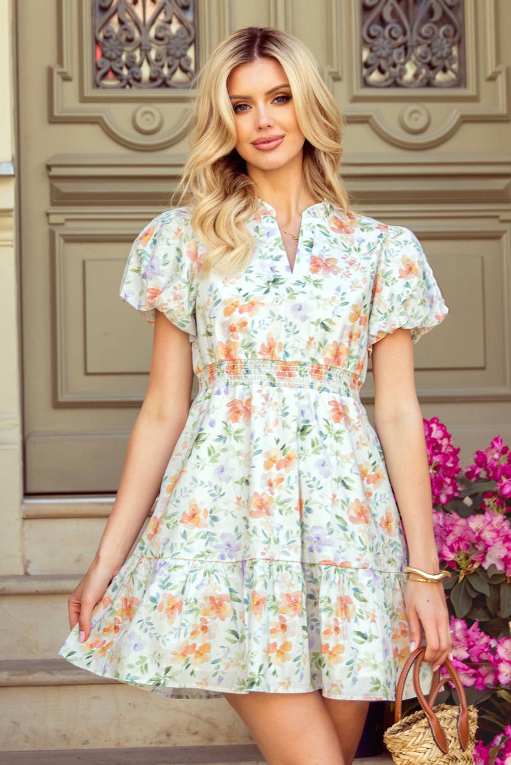 Floral Print Shirred High Waist Puff Sleeve Mini Dress - Cottage Cuties Boutique LLC