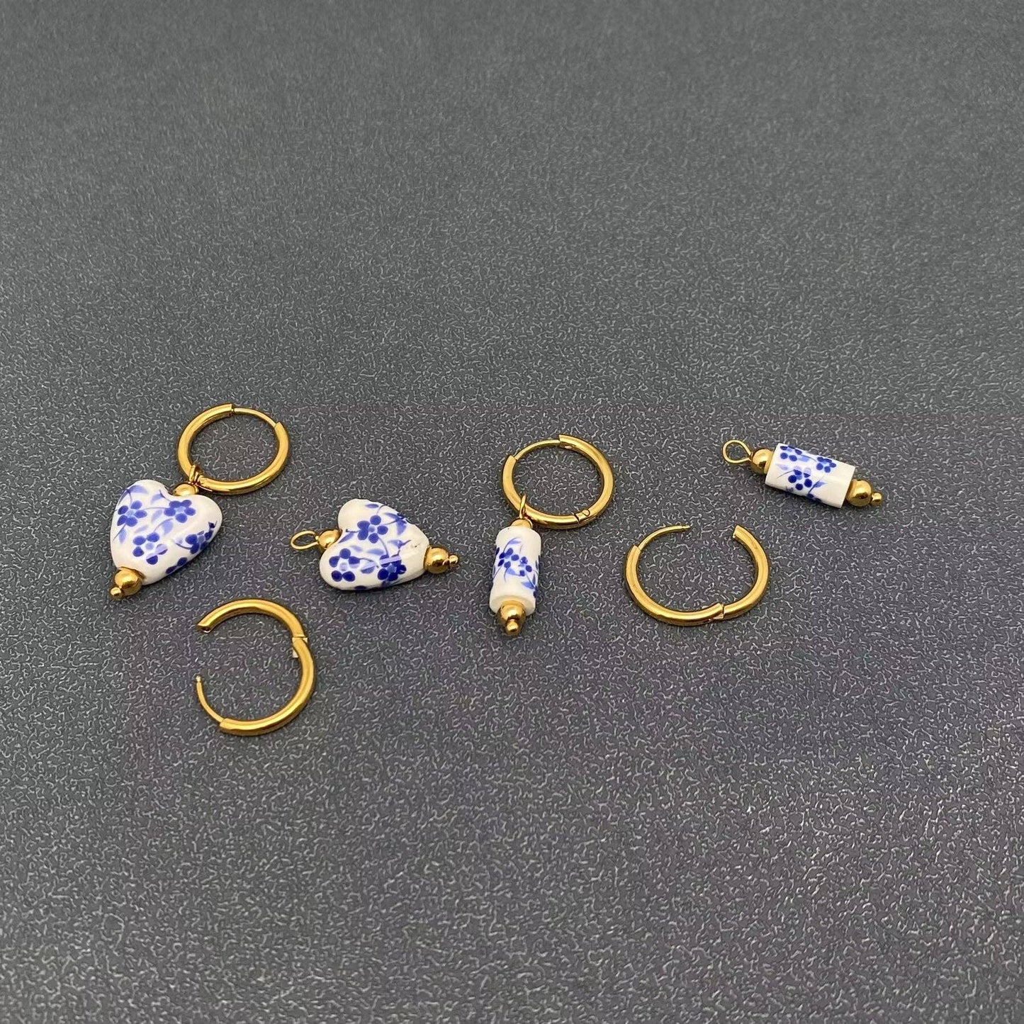 Blue and White Porcelain heart 18K Golden SS Huggie Earrings - Cottage Cuties Boutique LLC