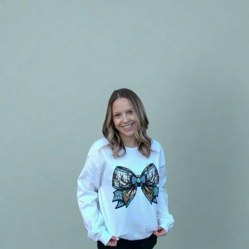 Camo Rhinestone Bow Sweatshirt white - Cottage Cuties Boutique LLC