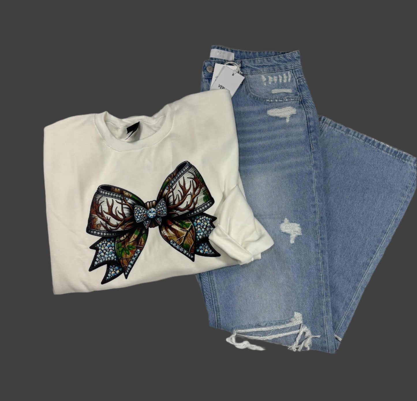 Camo Rhinestone Bow Sweatshirt White Curvy