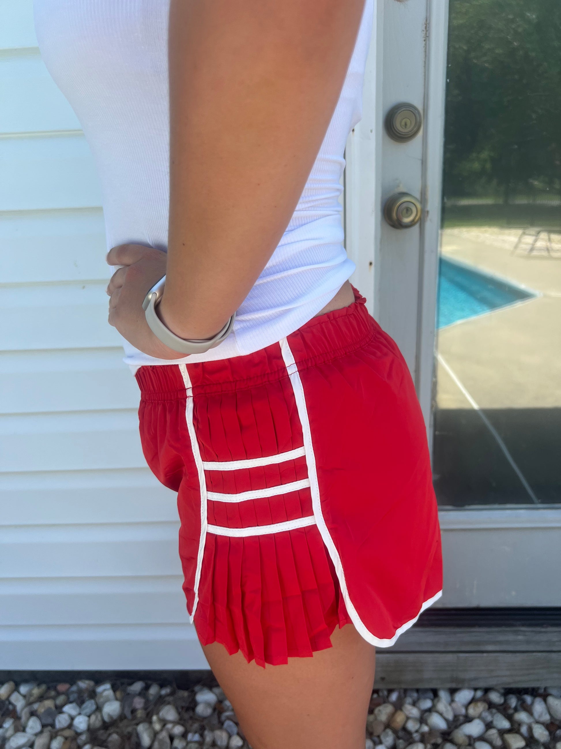 Playful Pleats Athletic Shorts | Red with White Trim | Cottage Cuties Boutique - Cottage Cuties Boutique LLC