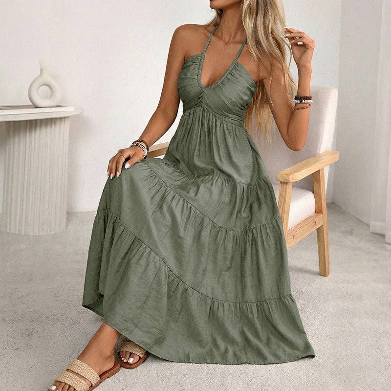 Women’s Halter V Neck Tiered Maxi Dress Backless - Cottage Cuties Boutique LLC
