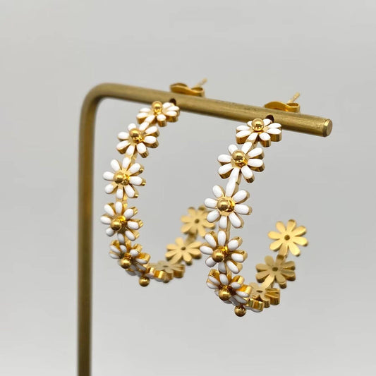 Enamel Daisy 18K Golden S.steel C-Shaped Hoop Earrings - FGS - Cottage Cuties Boutique LLC