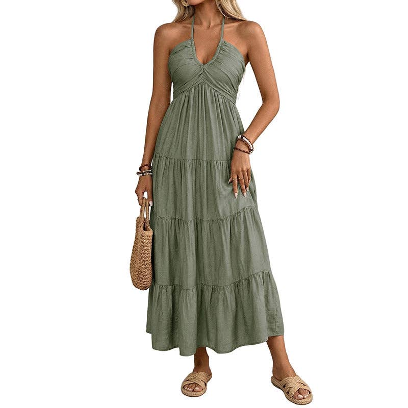 Women’s Halter V Neck Tiered Maxi Dress Backless - Cottage Cuties Boutique LLC