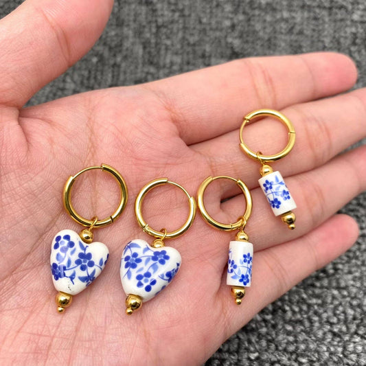 Blue and White Porcelain heart 18K Golden SS Huggie Earrings - Cottage Cuties Boutique LLC