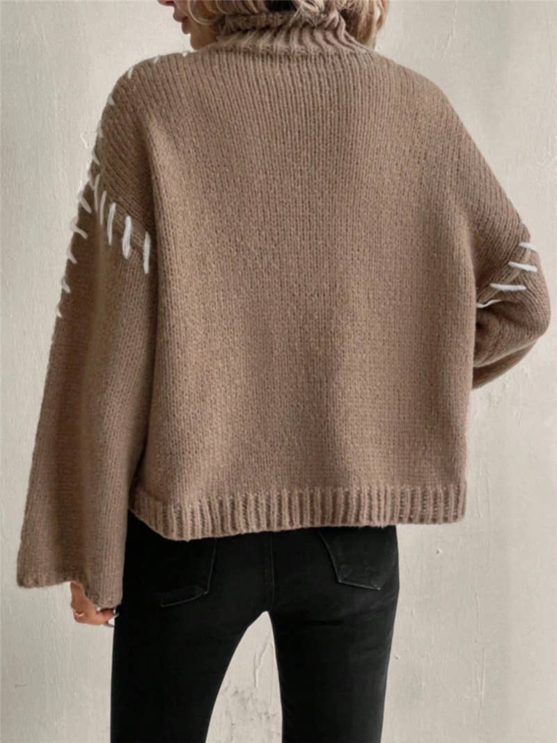 Deep Taupe Casual Comfy High Neck Contrast Line Knit Sweater