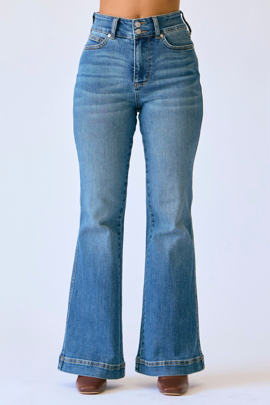 Judy Blue High Waist Petite Tummy Control Double Button Flar - Cottage Cuties Boutique LLC