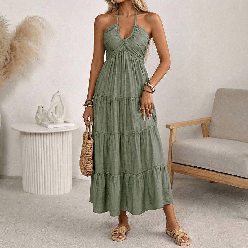 Women’s Halter V Neck Tiered Maxi Dress Backless - Cottage Cuties Boutique LLC