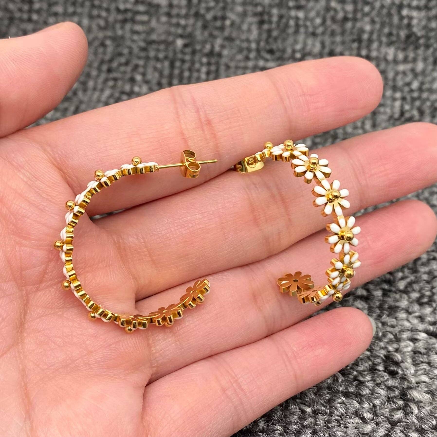 Enamel Daisy 18K Golden S.steel C-Shaped Hoop Earrings - FGS - Cottage Cuties Boutique LLC