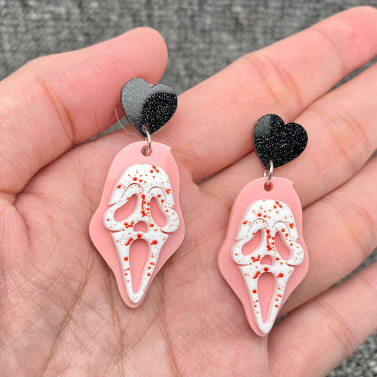 Halloween Acrylic Pink Scream Black Heart Post Earrings - Cottage Cuties Boutique LLC