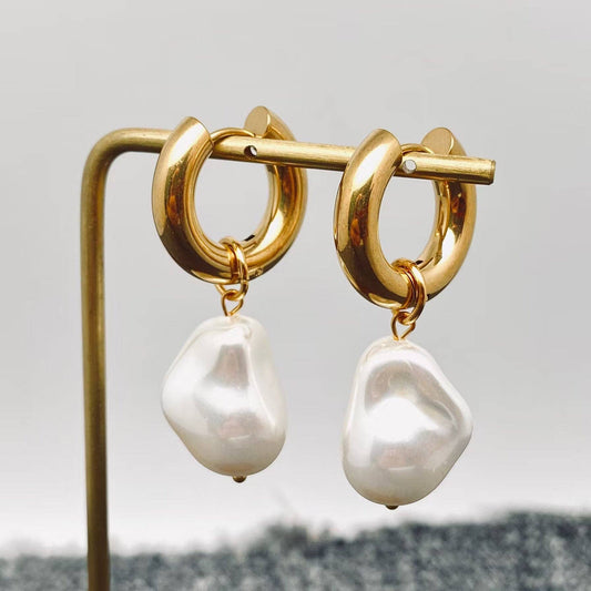FGS- Pearl Charm pendant 18K Stainless Steel Huggie Earrings - Cottage Cuties Boutique LLC