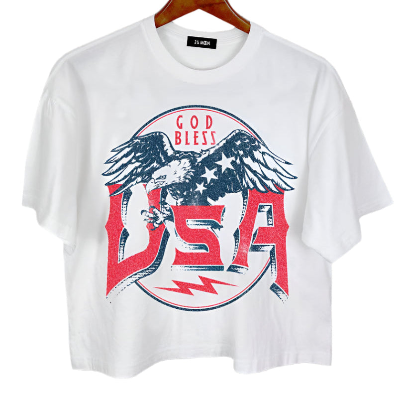Freedom Soars Tee – White USA Eagle Graphic Crop Top in 100% Cotton - Cottage Cuties Boutique LLC