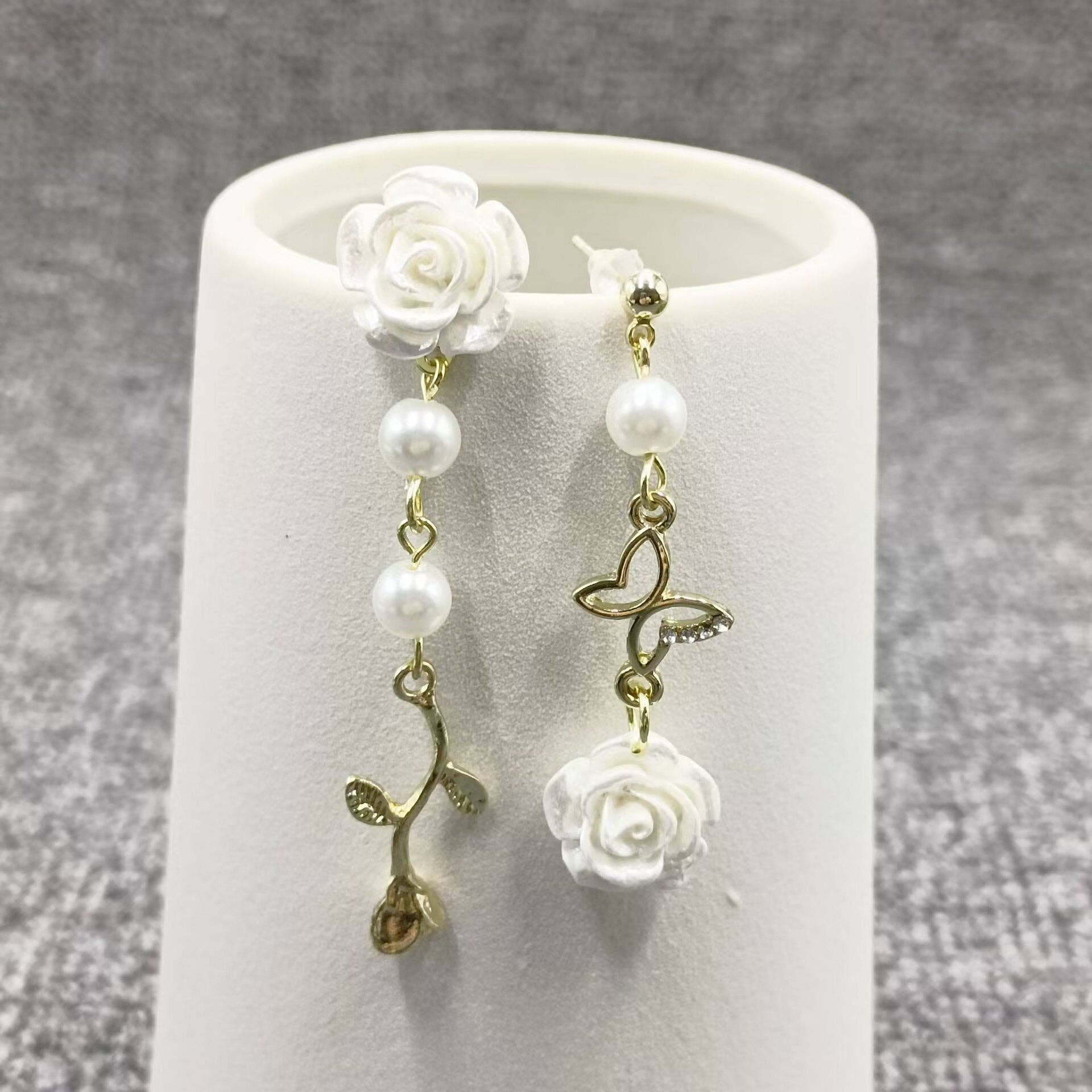 Asymmetric White Rose Flower Post Earrings - Cottage Cuties Boutique LLC