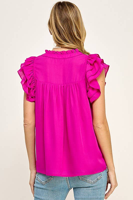 V- NECK DOUBLE LAYERED FLUTTER SLEEVE BLOUSE - Cottage Cuties Boutique LLC