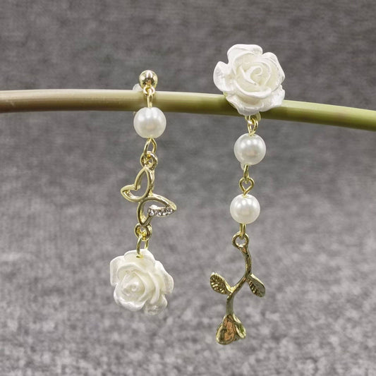 Asymmetric White Rose Flower Post Earrings - Cottage Cuties Boutique LLC