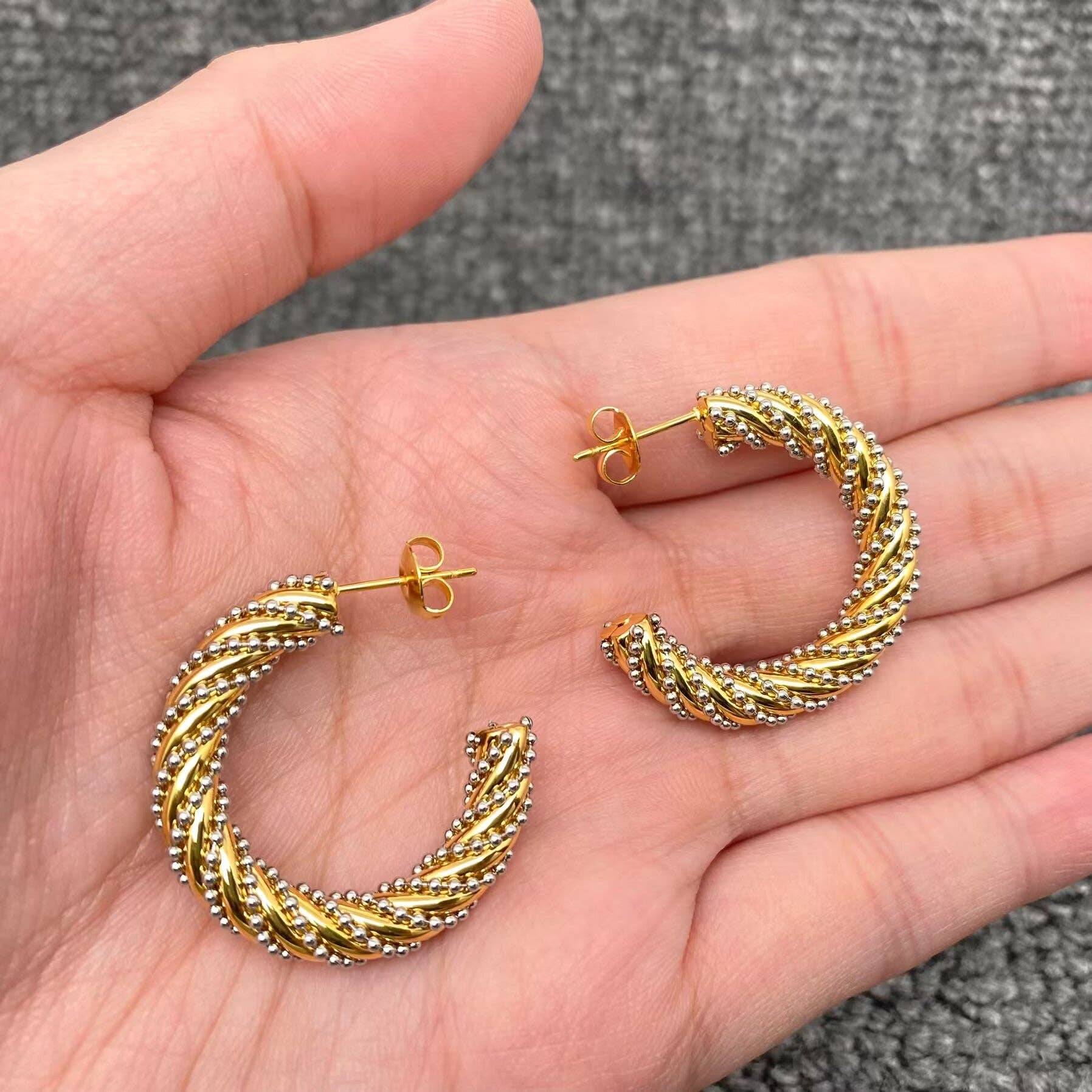 Steel Ball 18K Gold Plated SS Twist Hoop Earrings - FGS - Cottage Cuties Boutique LLC