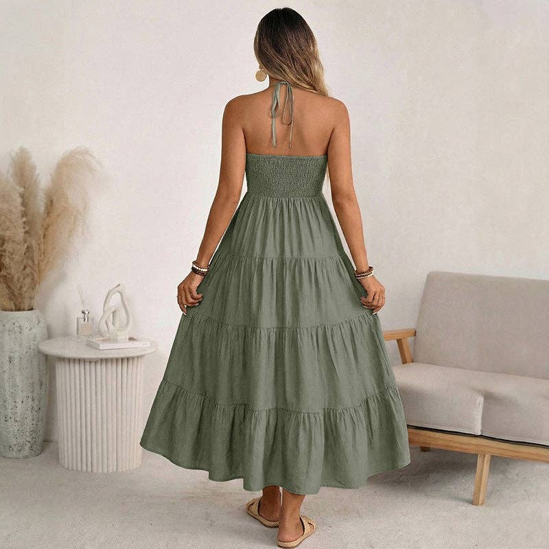 Women’s Halter V Neck Tiered Maxi Dress Backless - Cottage Cuties Boutique LLC