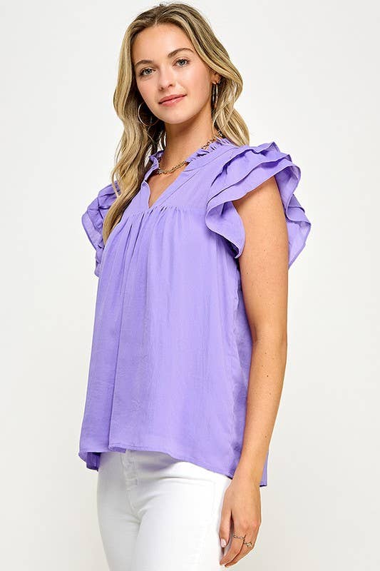 V- NECK DOUBLE LAYERED FLUTTER SLEEVE BLOUSE - Cottage Cuties Boutique LLC