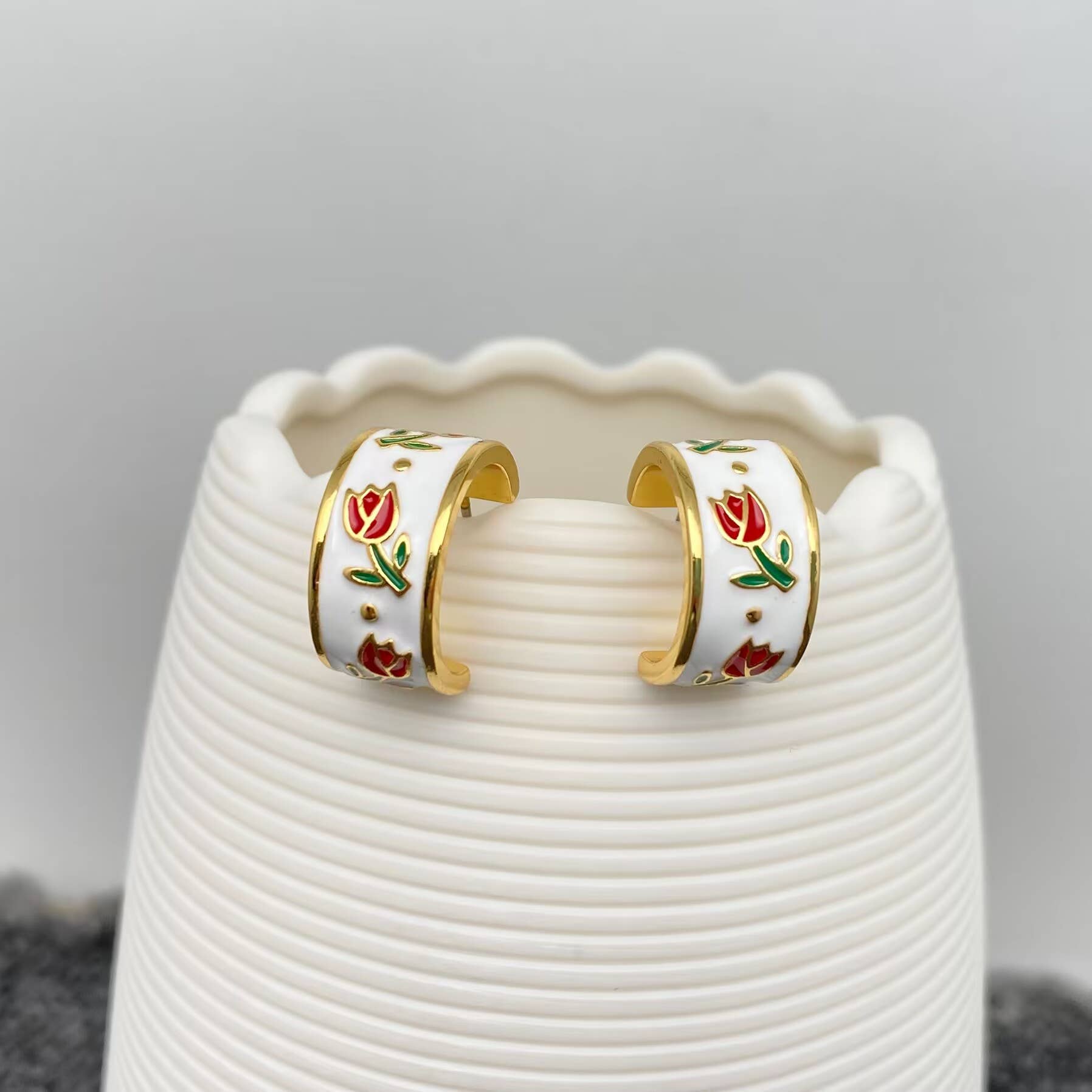 Enamel Tulip 18K Gold Plated C Shape Stud Earrings - Cottage Cuties Boutique LLC
