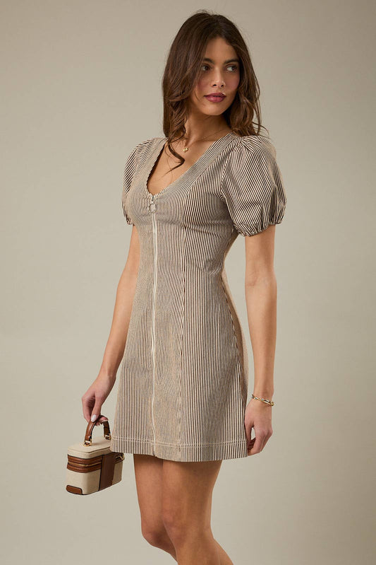 PUFF SLEEVE ZIP FRONT STRIPED DENIM MINI DRESS